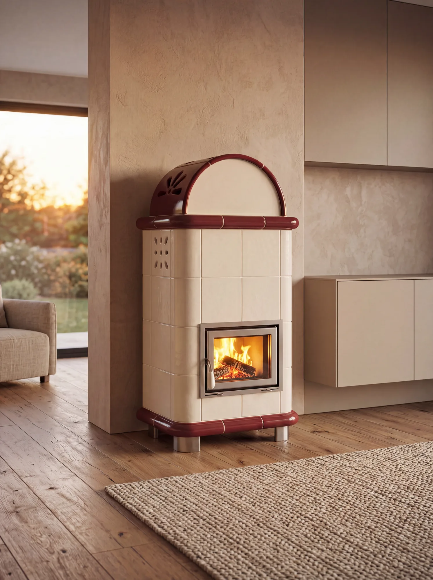 Stufa in ceramica in un ambiente in montagna